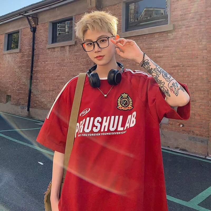 少年感条纹短袖t恤男生夏季薄款字母印花学生潮牌宽松半截袖衣服,男装T恤,星座218-1（原230）