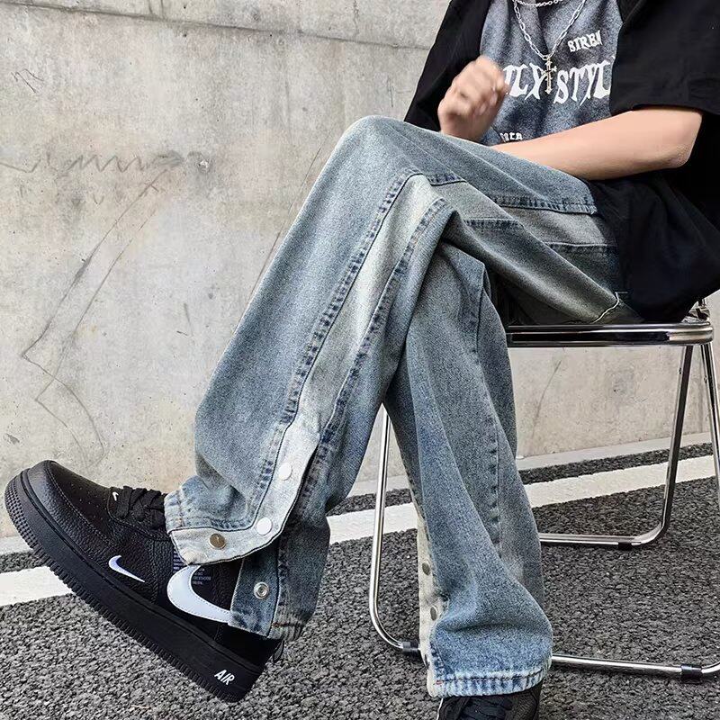 K8528P55美式高街vibe复古水洗潮牌男生休闲裤脚排扣开叉长裤子图片