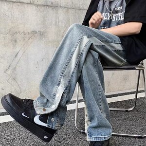 K8528P55美式高街vibe复古水洗潮牌男生休闲裤脚排扣开叉长裤子图片
