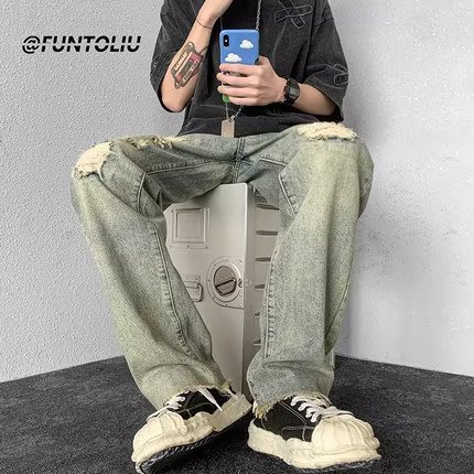黄泥染假破洞牛仔裤男款水洗高街vibe美式复古裤子毛边微喇直筒裤,男装牛仔裤,星座218-1（原230）