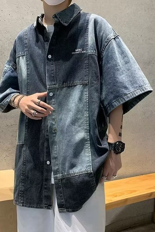 C01P55美式撞色拼接情侣款牛仔短袖衬衫男女夏季ins宽松高级感痞,男装衬衫,星座218-1（原230）