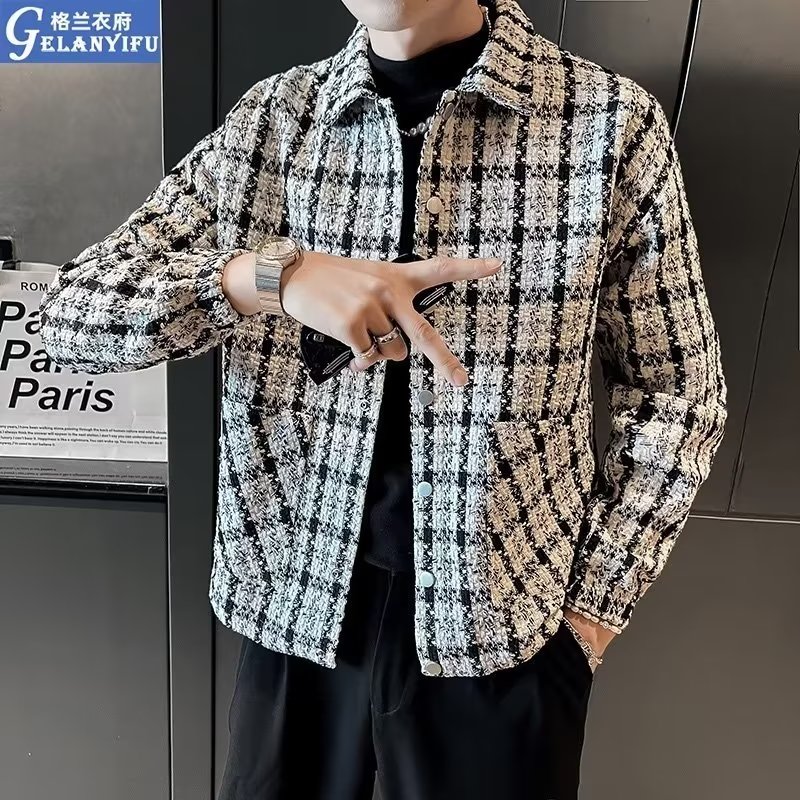 J24P70冬季新款外套男冬款格子褂子高端潮修身男装上衣流行痞帅,男装衬衫,星座218-1（原230）