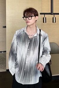 C630P35韩版条纹长袖衬衫男宽松渐变撞色翻领痞帅休闲潮流中性设图片