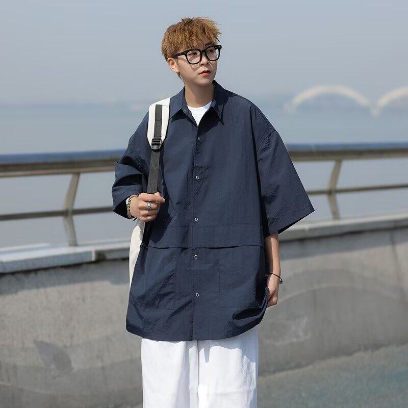 日系休闲潮基础衬衫短袖百搭大口袋宽松复古夏通勤衬衣C231P45，男装衬衫，星座218-1（原230）