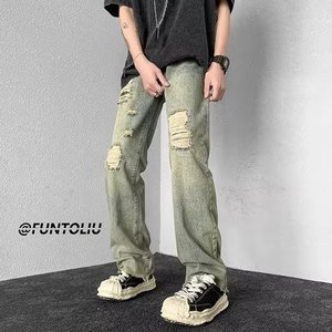 黄泥染假破洞牛仔裤男款水洗高街vibe美式复古裤子毛边微喇直筒裤图片