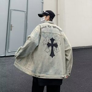 8586P65水洗黄泥牛仔外套男春秋美式复古hiphop西海岸十字架工装图片