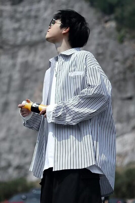 338P35潮流春季简约方领男长袖衬衫原宿气质青春流行潮标准条纹新,男装衬衫,星座218-1（原230）