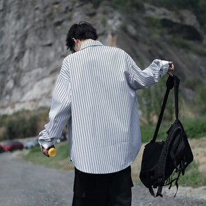 338P35潮流春季简约方领男长袖衬衫原宿气质青春流行潮标准条纹新图片