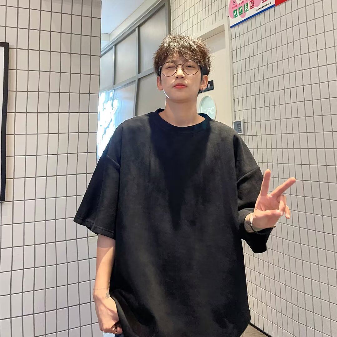 纯色麂皮绒短袖t恤男2024春夏季新款高街痞帅潮牌领五分袖T091P25,男装T恤,星座218-1（原230）