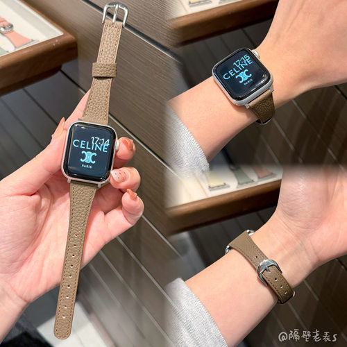 适用苹果手表牛皮细款荔枝纹表带