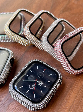 适用苹果手表保护壳S9闪满钻PC钢化膜壳一体applewatch11百搭简约