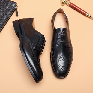 2026春新品布洛克雕花皮鞋男式头层牛皮手工擦色系带英伦风德比鞋