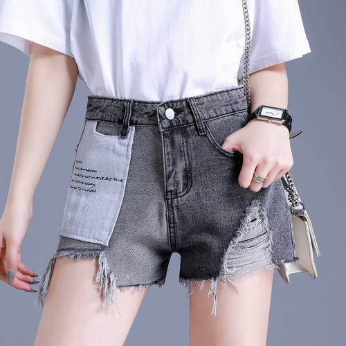 破洞牛仔裤女2022夏装新款高腰欧洲站撞色拼接显瘦短裤宽松热裤