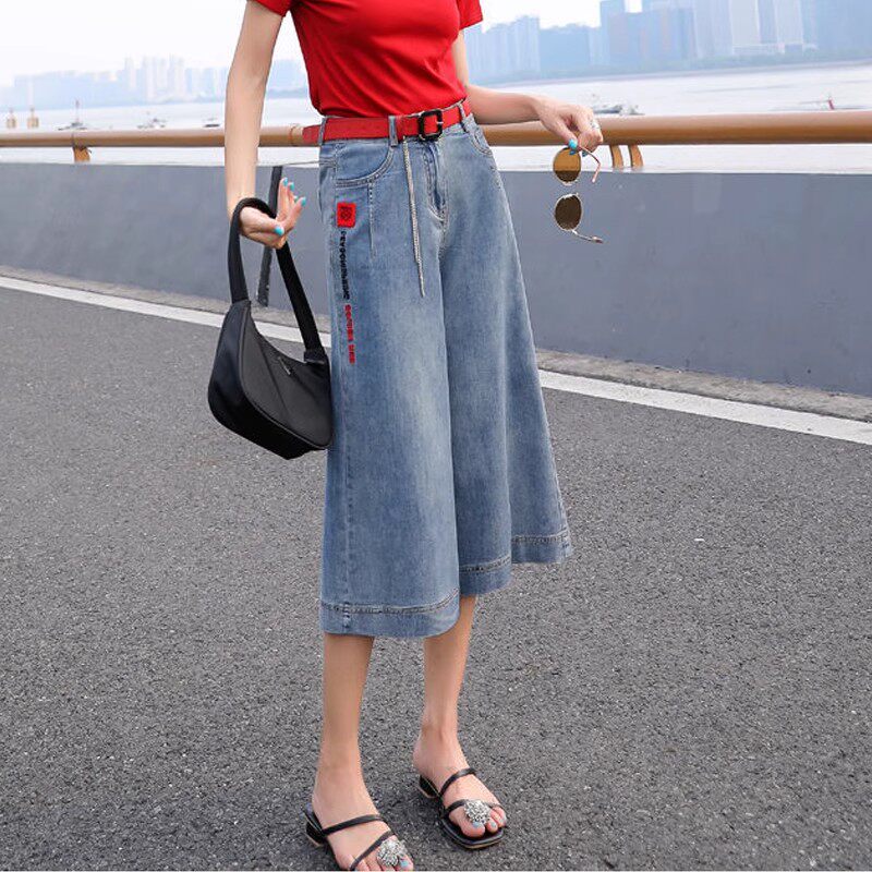 高腰显瘦复古七分阔腿牛仔裤女夏薄款2025新款韩版宽松直筒阔脚裤