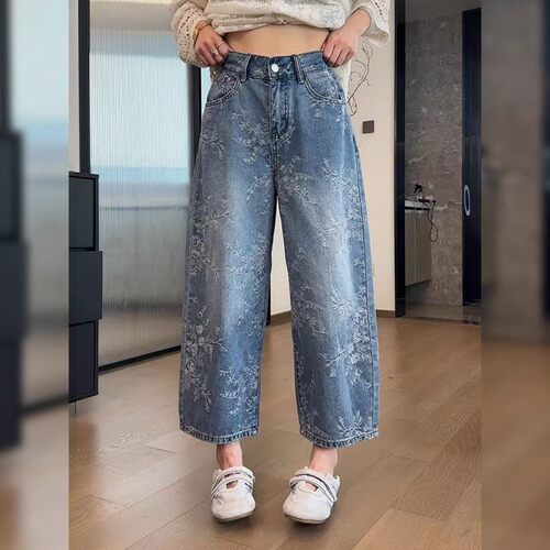 复古提花八分阔腿牛仔裤女梨形身