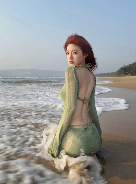韩国ins绿色比基尼三件套长袖防晒罩衫纯欲风分体海边沙滩泳衣女