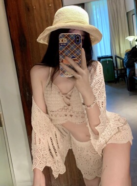 性感辣妹小众分体平角泳衣女三件套显瘦遮肚泡温泉针织海边度假