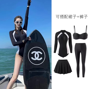 高级感连体泳衣女学生保守显瘦长袖 防晒潜水冲浪服钢托聚拢泡温泉
