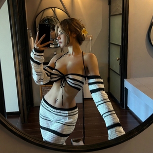 性感度假风条纹针织抹胸绑带两件套女夏海边辣妹套装