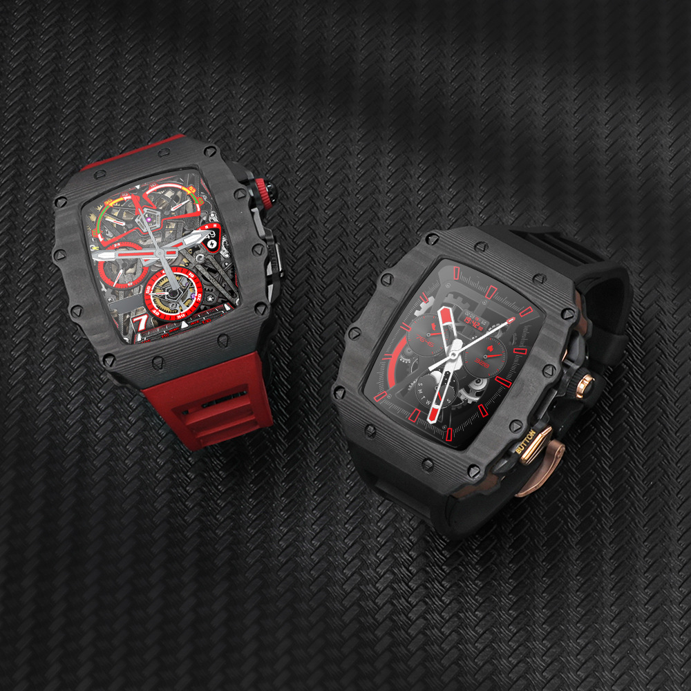 高级感碳纤维改装壳适用于苹果手表iwatch S944 45mm氟橡胶表带