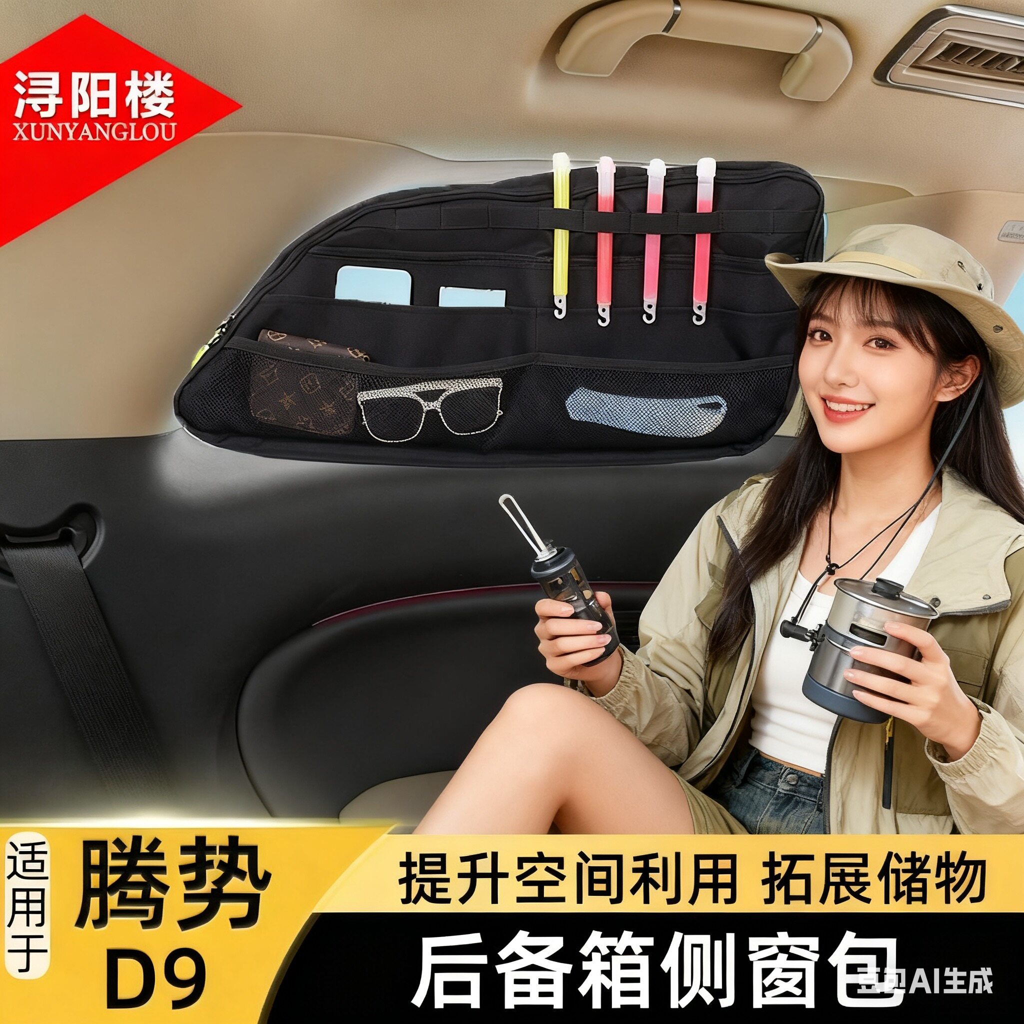 腾势D9N9后备箱侧窗拓展储物包