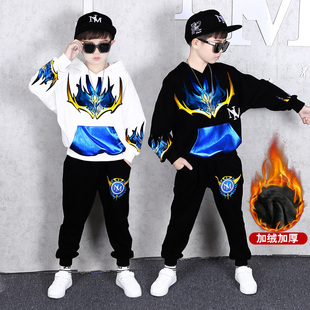 嘻哈潮酷8中大童冬季加绒套装9岁男童春秋卫衣6-7男孩帅气连帽衫5