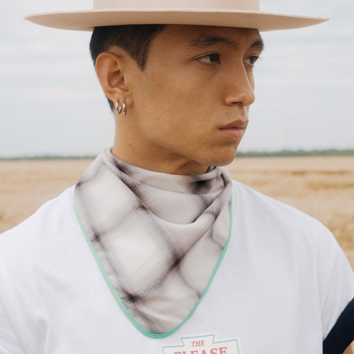 PLEASE方巾黑白渐变格纹绿色镶边