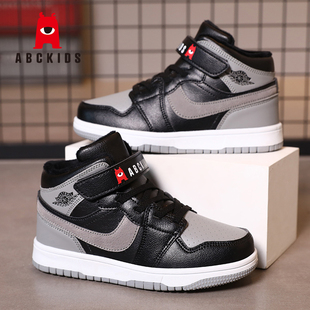 Abckids男童鞋子2023秋冬季新款皮面加绒二棉高帮板鞋儿童运动鞋
