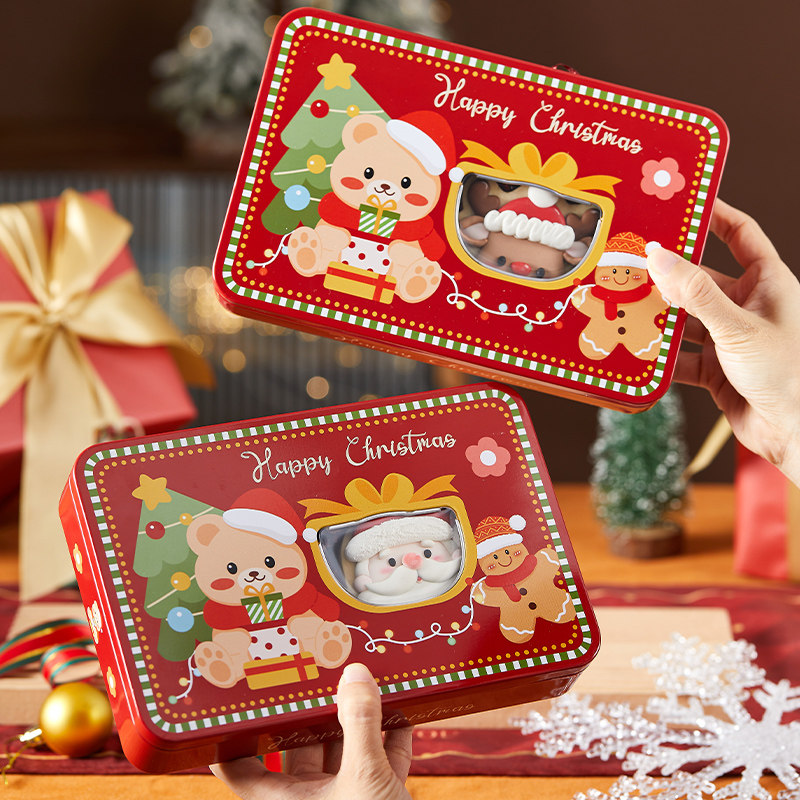 圣诞节新款烘焙太妃雪花酥牛轧糖盒子长方形开窗铁罐饼干包装铁盒