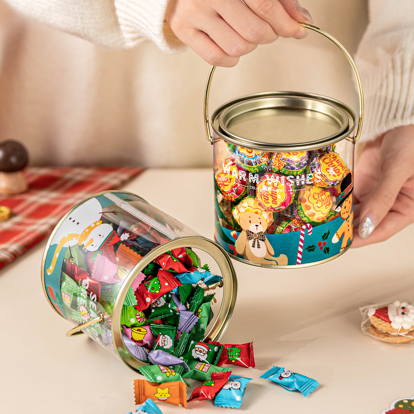 圣诞饼干罐曲奇烘焙糖果礼物品桶平安夜苹果礼盒节透明零食手提拎