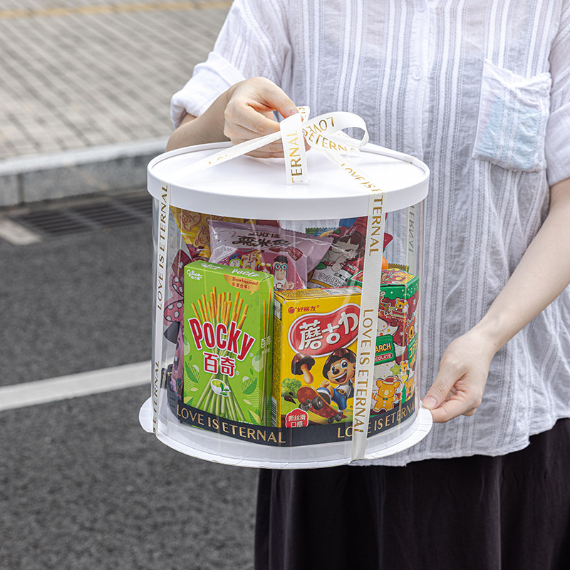 透明圆筒型白色蛋糕盒6寸8寸单层双层零食饮料大礼包点心盒送丝带