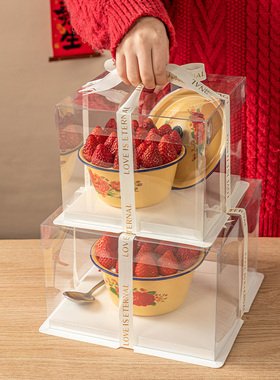 草莓搪瓷盆透明生日蛋糕盒子46810四寸方形创意复古装饰空一次性