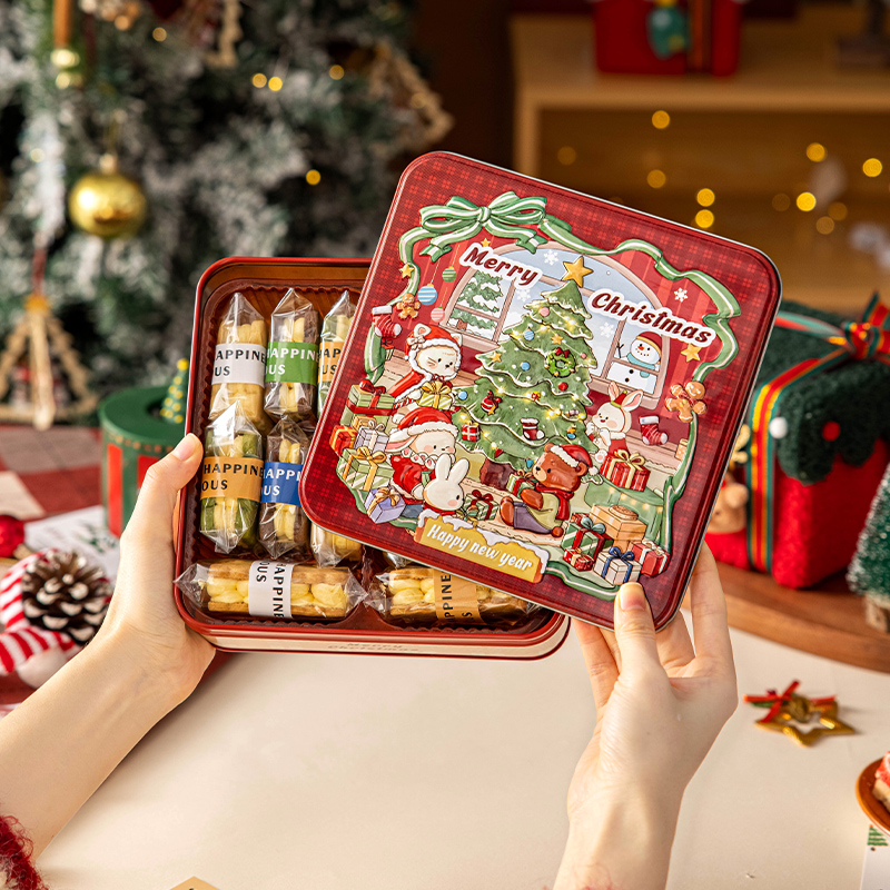 雪花酥饼干包装盒子圣诞方形打包盒子烘焙密封糖果空礼物品马口铁