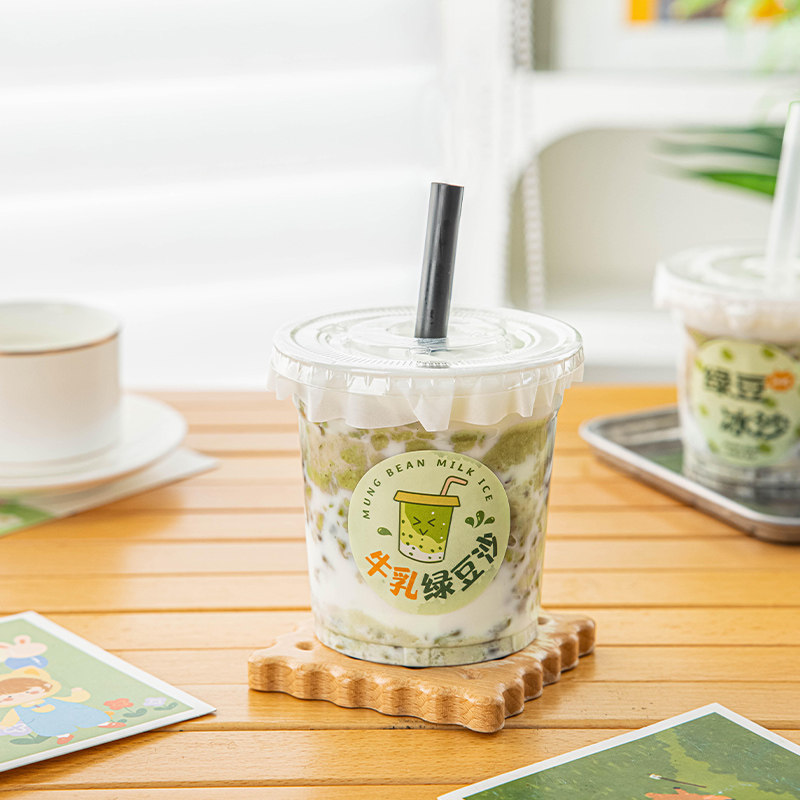 绿豆沙杯一次性平盖透明商用摆摊奶茶咖啡饮品食品级贴纸PET材质