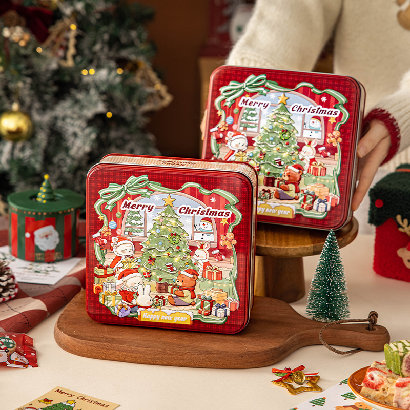 圣诞礼物包装盒子方形礼品打包马口铁烘焙雪花酥饼干曲奇糖果空