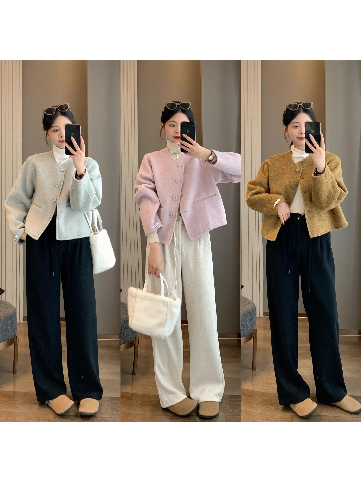 短款小个子圆领毛呢外套上衣双面羊绒大衣秋冬季羊毛呢西装外套女