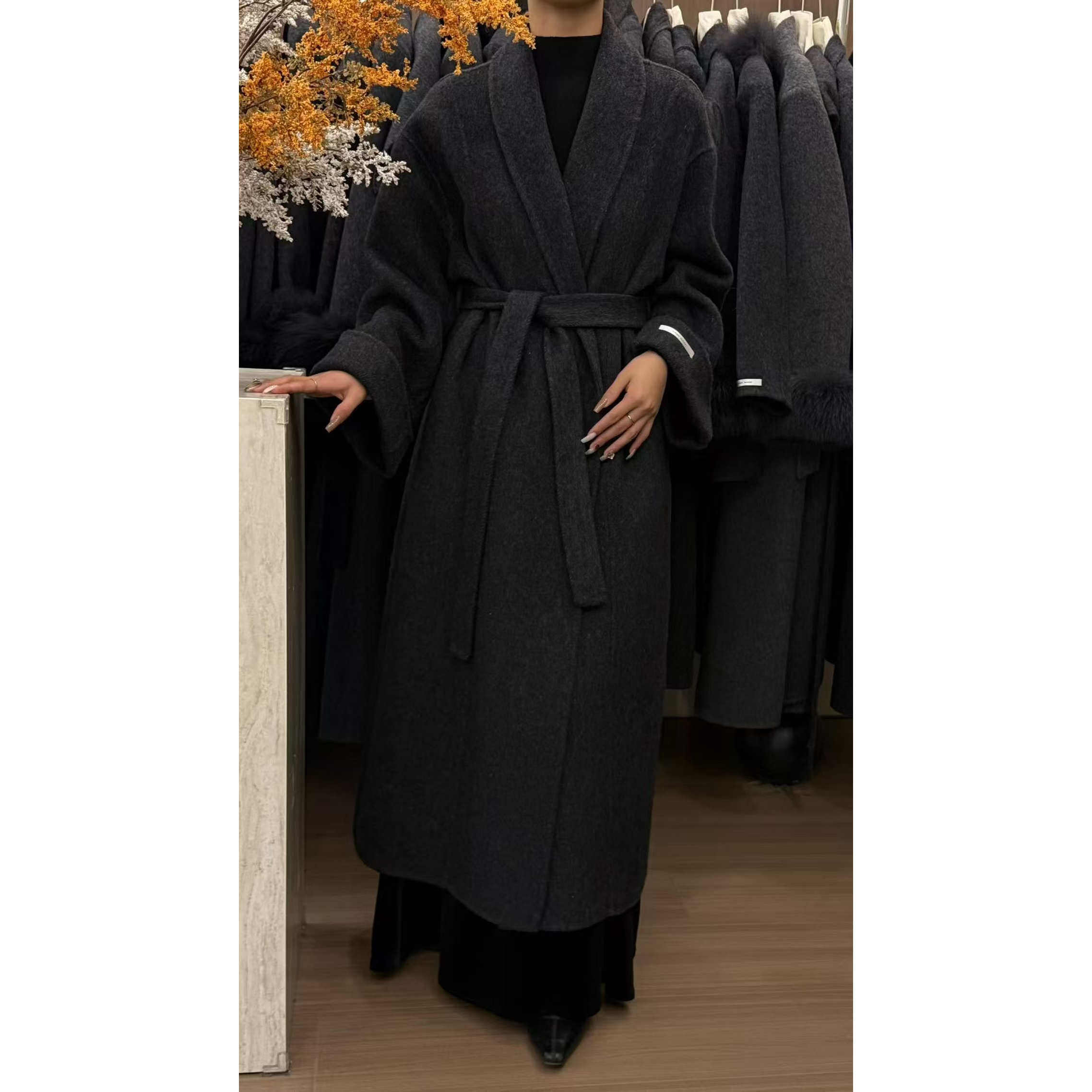 红色高级感双面羊毛大衣女长款浴袍式系带收腰韩版气质毛呢外套绒