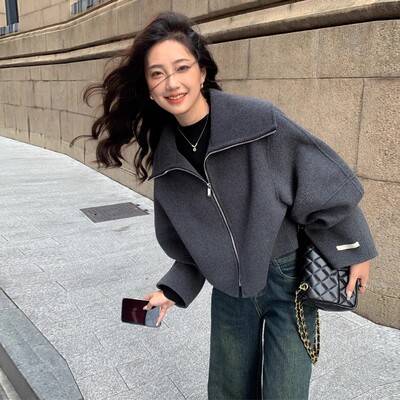 灰色短款双面羊绒大衣女秋冬新款小个子高级感超好看毛呢外套羊毛