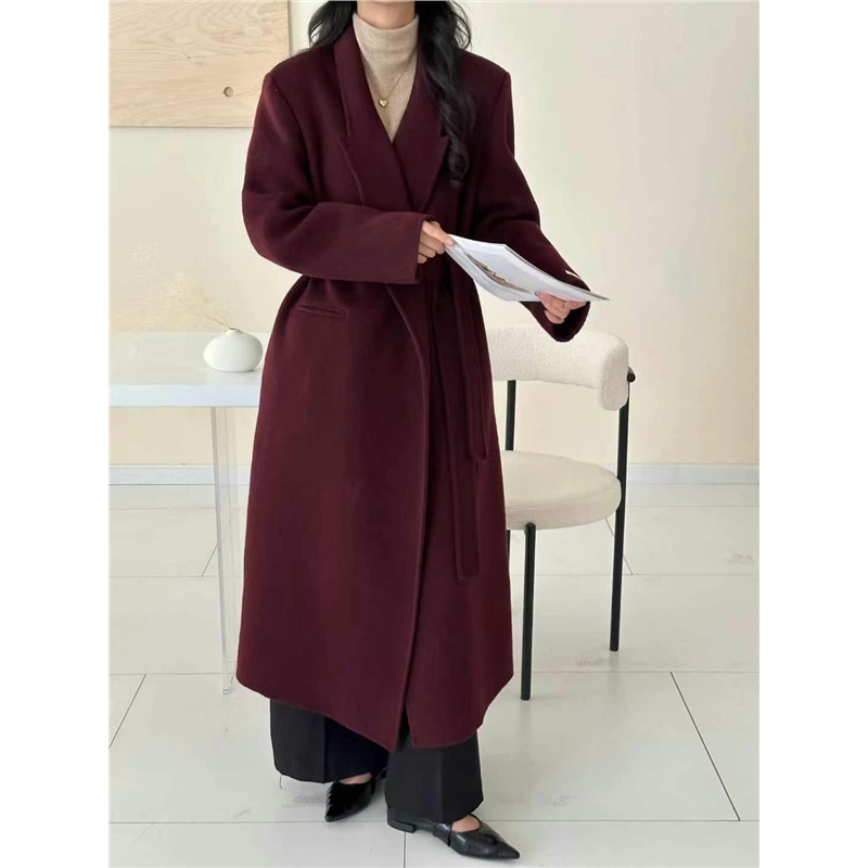 安格拉红新款女羊毛绒大衣走秀西服长款外套女高级感浴袍款系腰带