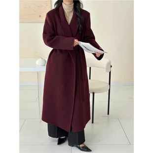 安格拉红新款女羊毛绒大衣走秀西服长款外套女高级感浴袍款系腰带