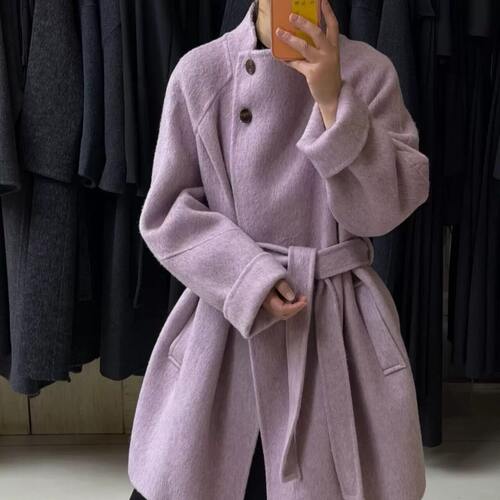 秋冬立领双面羊毛加厚大衣女
