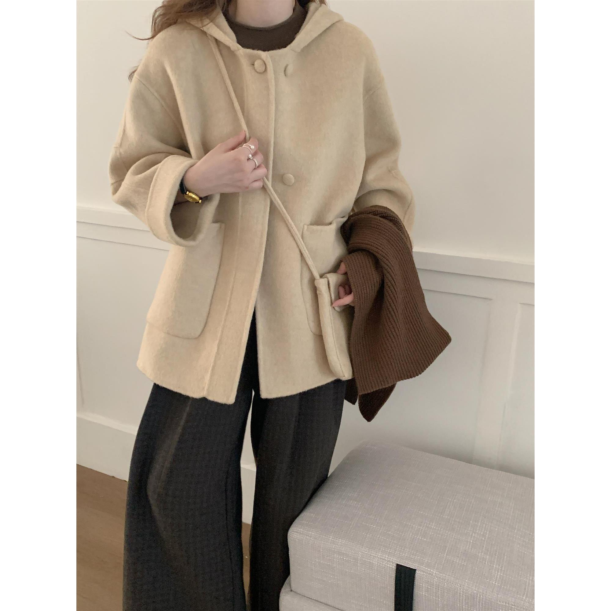 2025年秋冬新款双面呢羊毛大衣女羊驼毛中长款连帽通勤毛呢外套