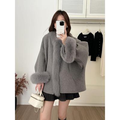 狐狸毛领斗篷毛呢外套女短款