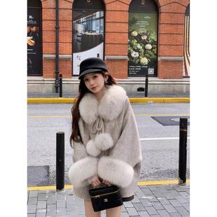 千金风狐狸毛领斗篷大衣女中长款毛呢外套时尚洋气羊毛大衣双面呢