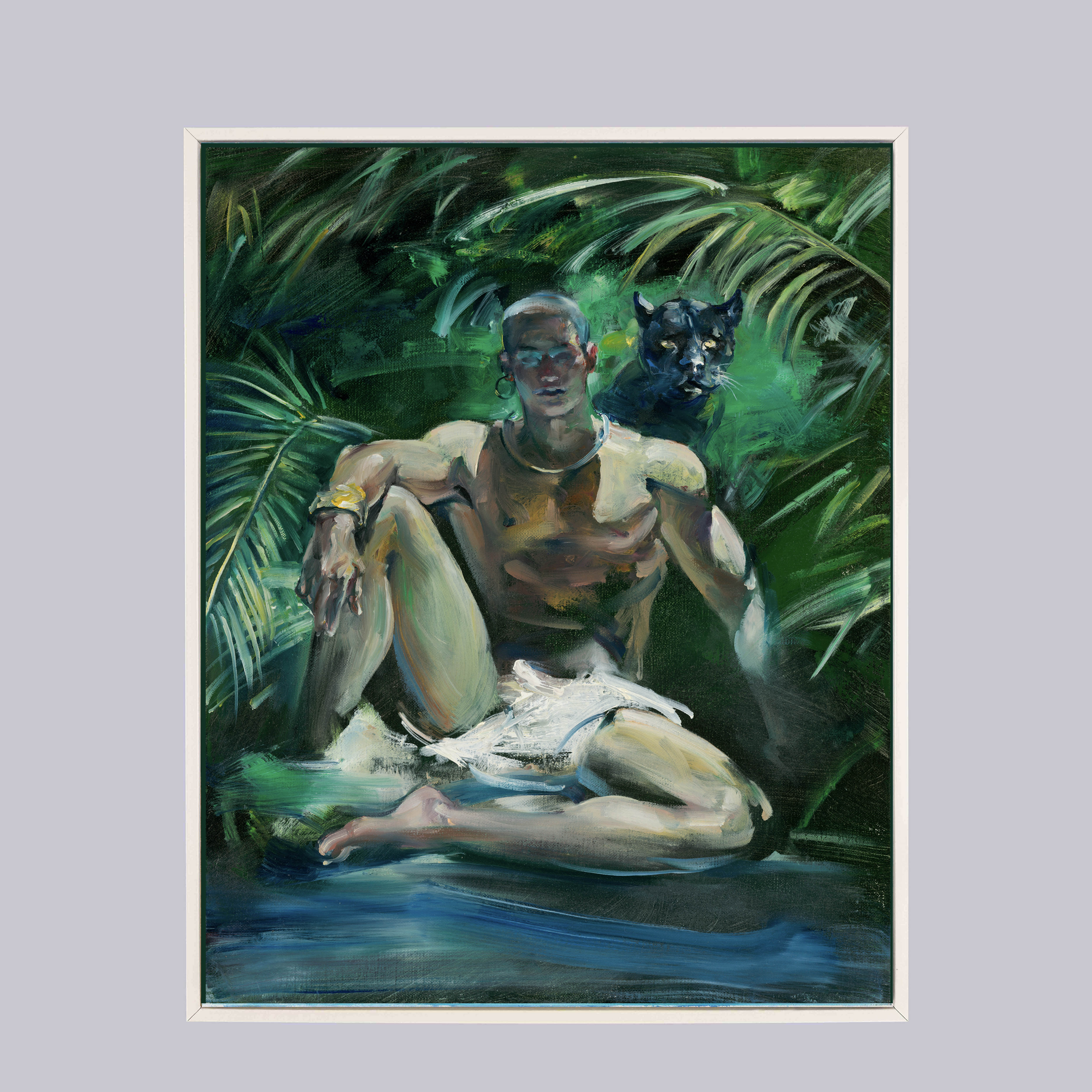 男性审美植物男体油画森林丛林野豹肌肉人体画复刻喷画墙面改造