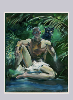 男性审美植物男体油画森林丛林野豹肌肉人体画复刻喷画墙面改造