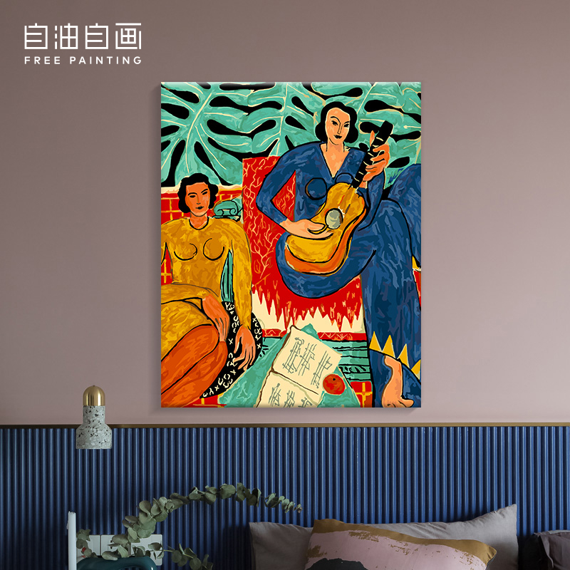 自油自画diy油画弹吉他的女孩