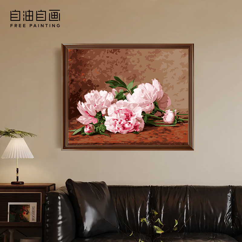 自油自画数字油画diy手绘手工填充填色减压花卉油彩画 粉绯凝香