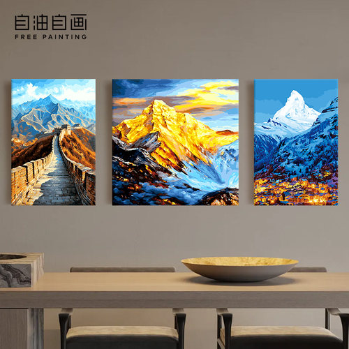 自油自画DIY数字油画雪映金辉