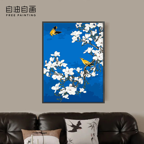 自油自画DIY数字油画兰枝栖雀